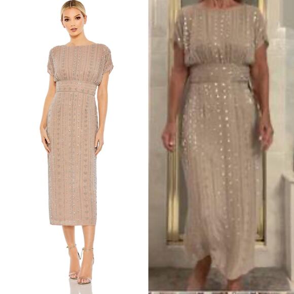 NWT Mac Duggal Dress 14 Beaded Rhinestone Column Mocha Tan Embellished Midi Glam - Picture 1 of 16